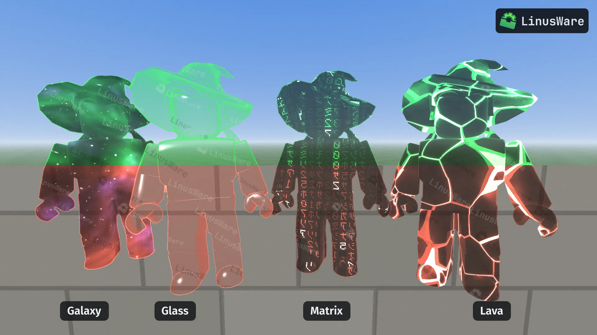 Four characters with Galaxy, Glass, Matrix and Lava chams; the top half of each is green (visible), the bottom half red (hidden)