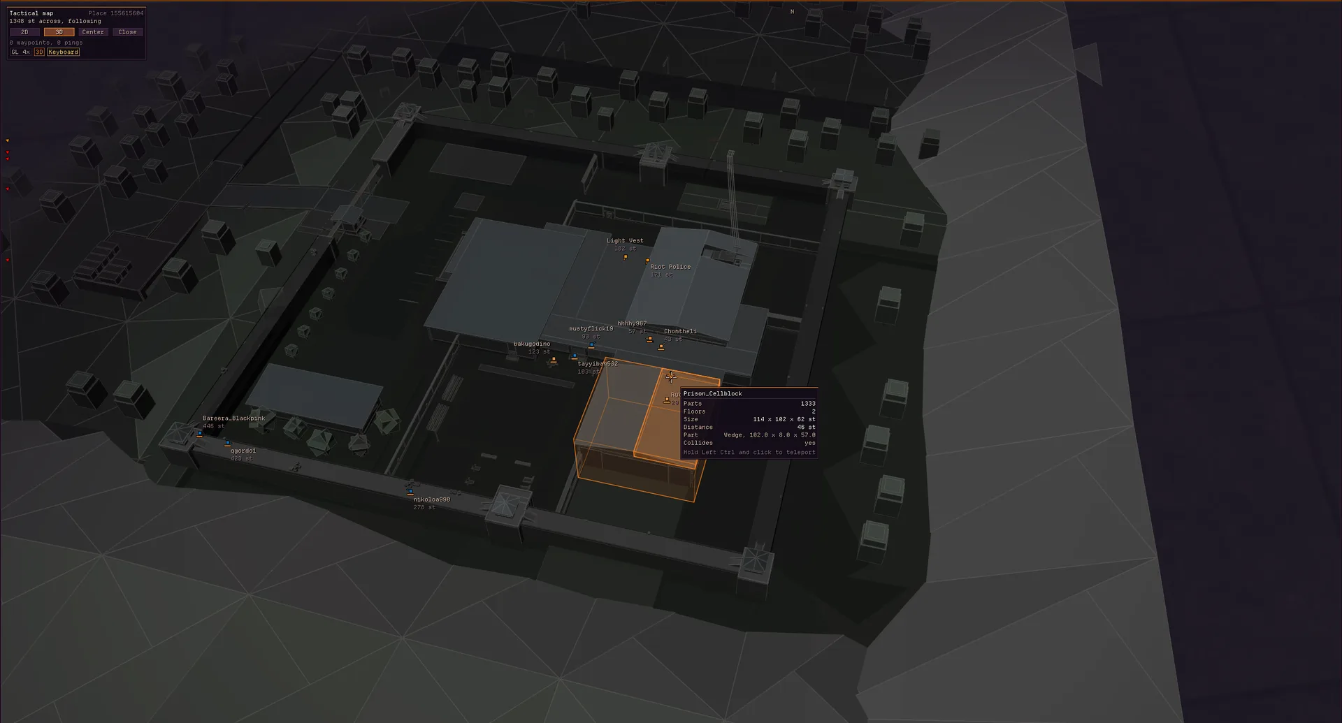 The tactical map in 3D over the prison in Prison Life, with the cell block selected and its parts, floors and size in a card